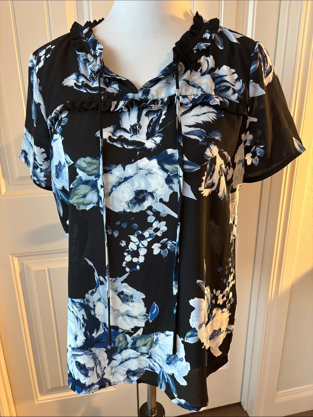 Karl Lagerfeld Black Blouse with Blue & White Floral Print